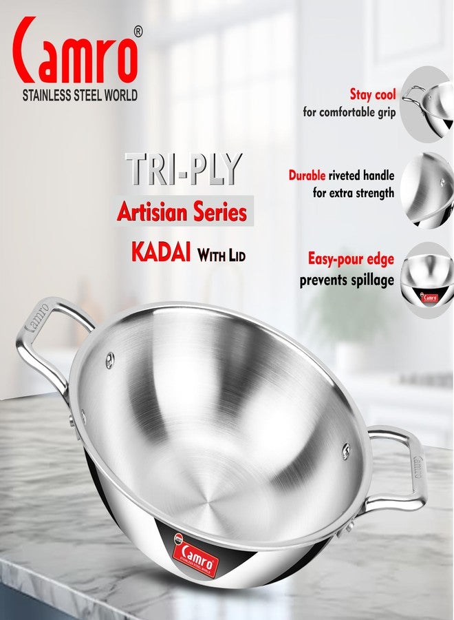 Camro Triply Artisian Kadhai With Lid 32 Cm, 6.7 Liters | kadhai Steel Stainless | Kadhai For Deep Frying | Kadai Induction Base |Kadai For Cooking Stainless Steel | Induction Friendly Dishwasher Safe - Image 5